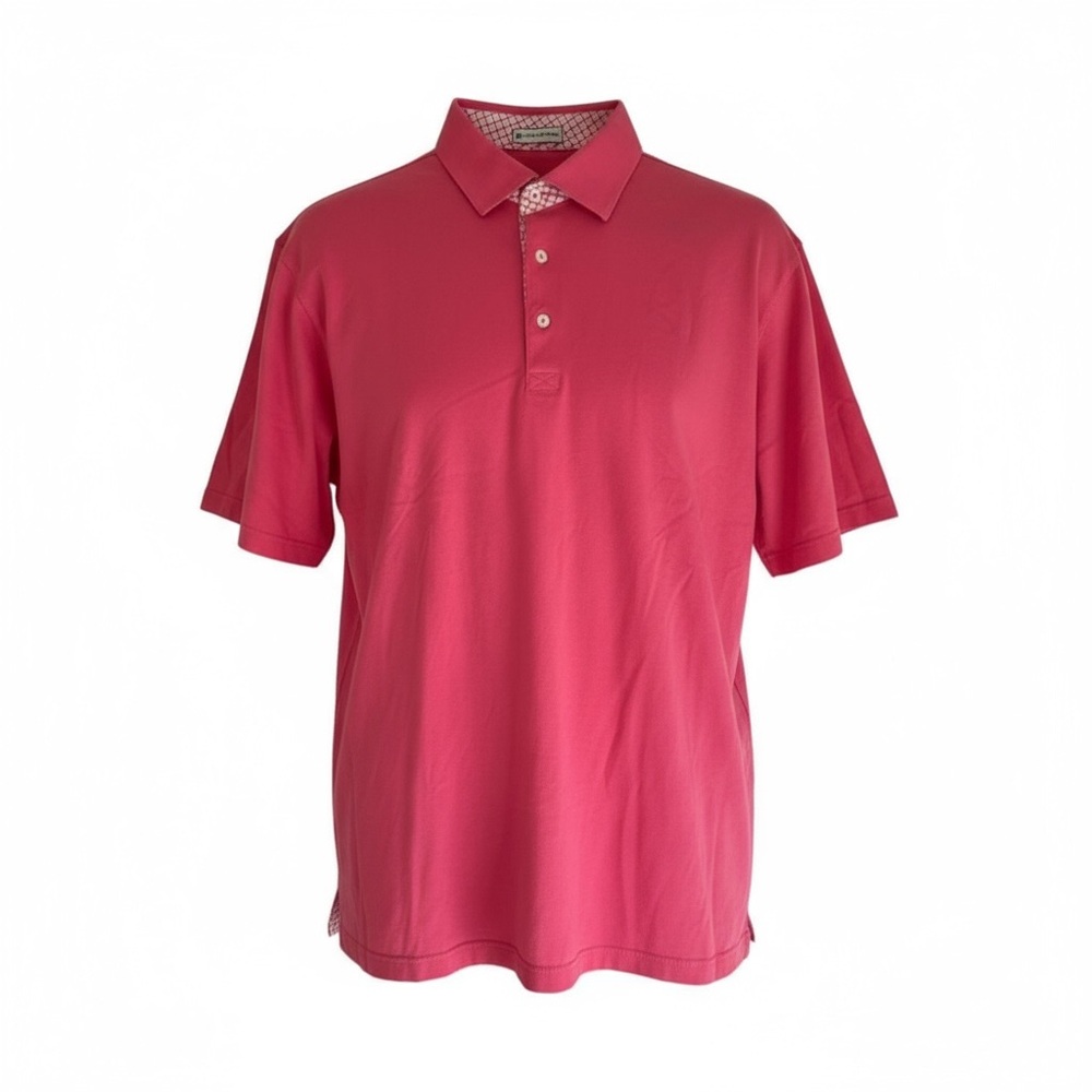 Peter Millar Cotton Short Sleeve Polo Shirt Men L Pink Salmon Check Collar